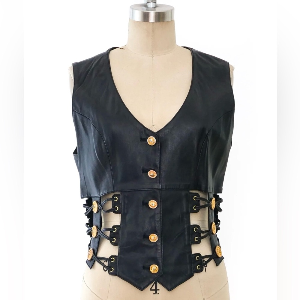 Cache Brown Leather lace up side detail Vest with Gold Accents 90s Y2K medium